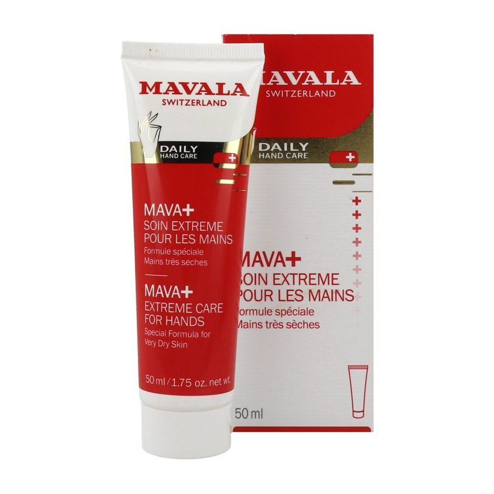 Mavala Mava+ handcrèmetube en verpakking. Rode tube met witte dop, rode verpakking. Tekst: Mava+, Extreme Care, Daily Hand Care.