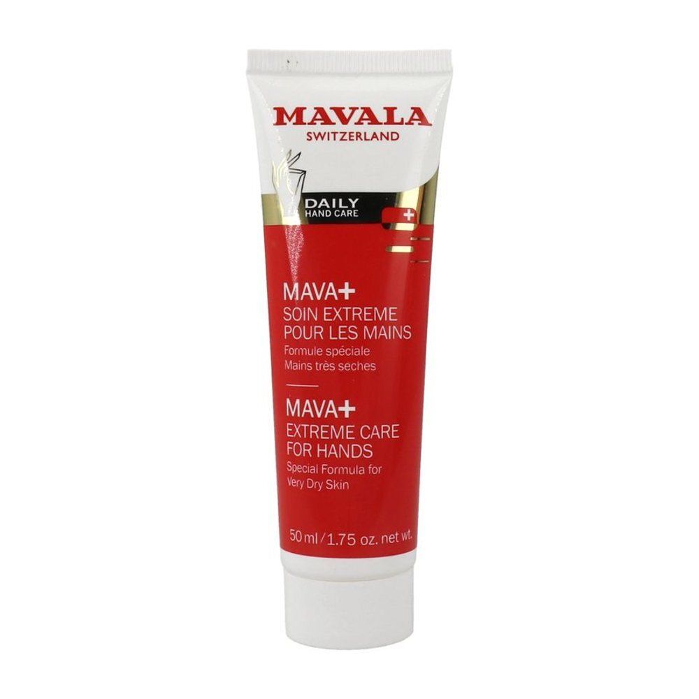 Mavala Mava+ handcrèmetube. Rode tube met witte dop. Tekst: Mava+, Extreme Care, Daily Hand Care, 50ml.