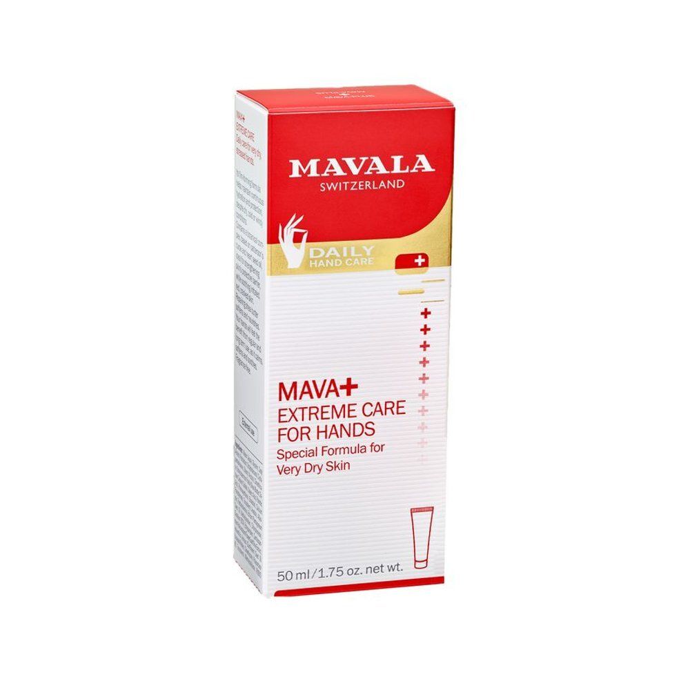 Emballage de crème pour les mains Mavala Mava+. Emballage rouge avec fond blanc. Texte : Mava+, Extreme Care, Daily Hand Care, 50ml.