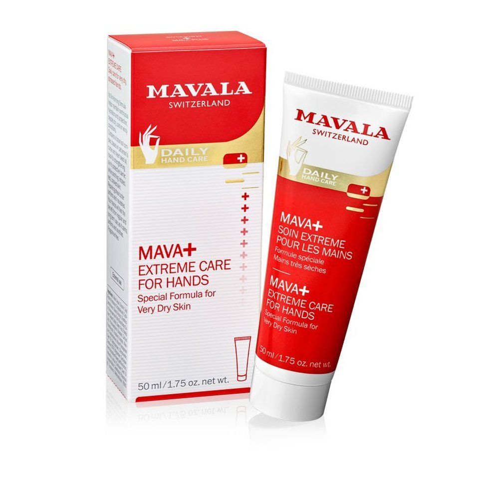 Tube et emballage de crème pour les mains Mavala Mava+. Tube et emballage côte à côte. Texte : Mava+, Extreme Care, Daily Hand Care, 50ml.