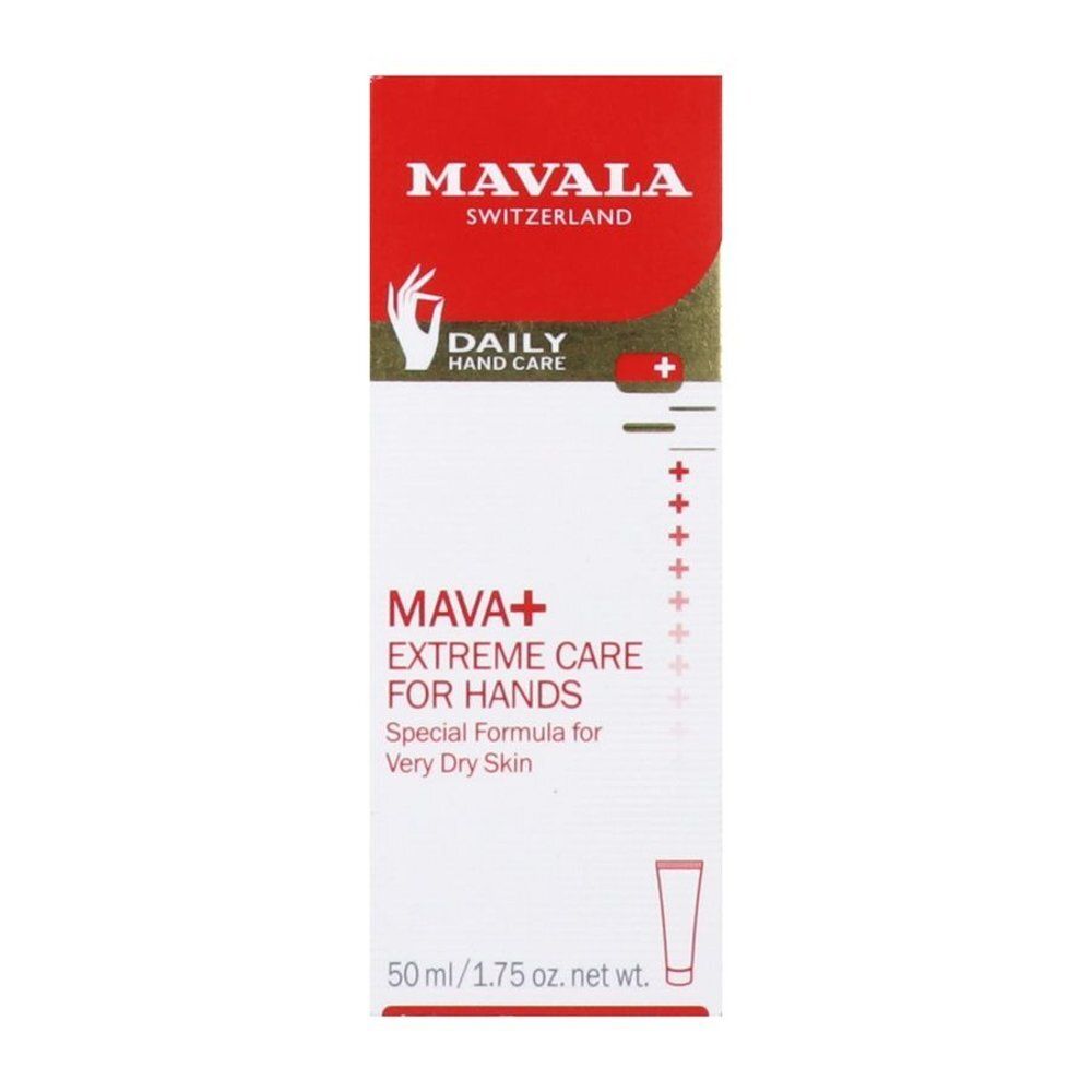 Emballage de crème pour les mains Mavala Mava+. Emballage rouge avec fond blanc. Texte : Mava+, Extreme Care, Daily Hand Care, 50ml.