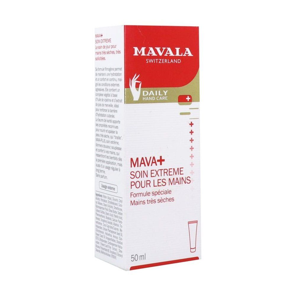 Achterkant van de Mavala Mava+ verpakking. Tekst: Mava+ Extreme Care, Daily Hand Care, ingrediënten, gebruiksaanwijzing, 50ml.