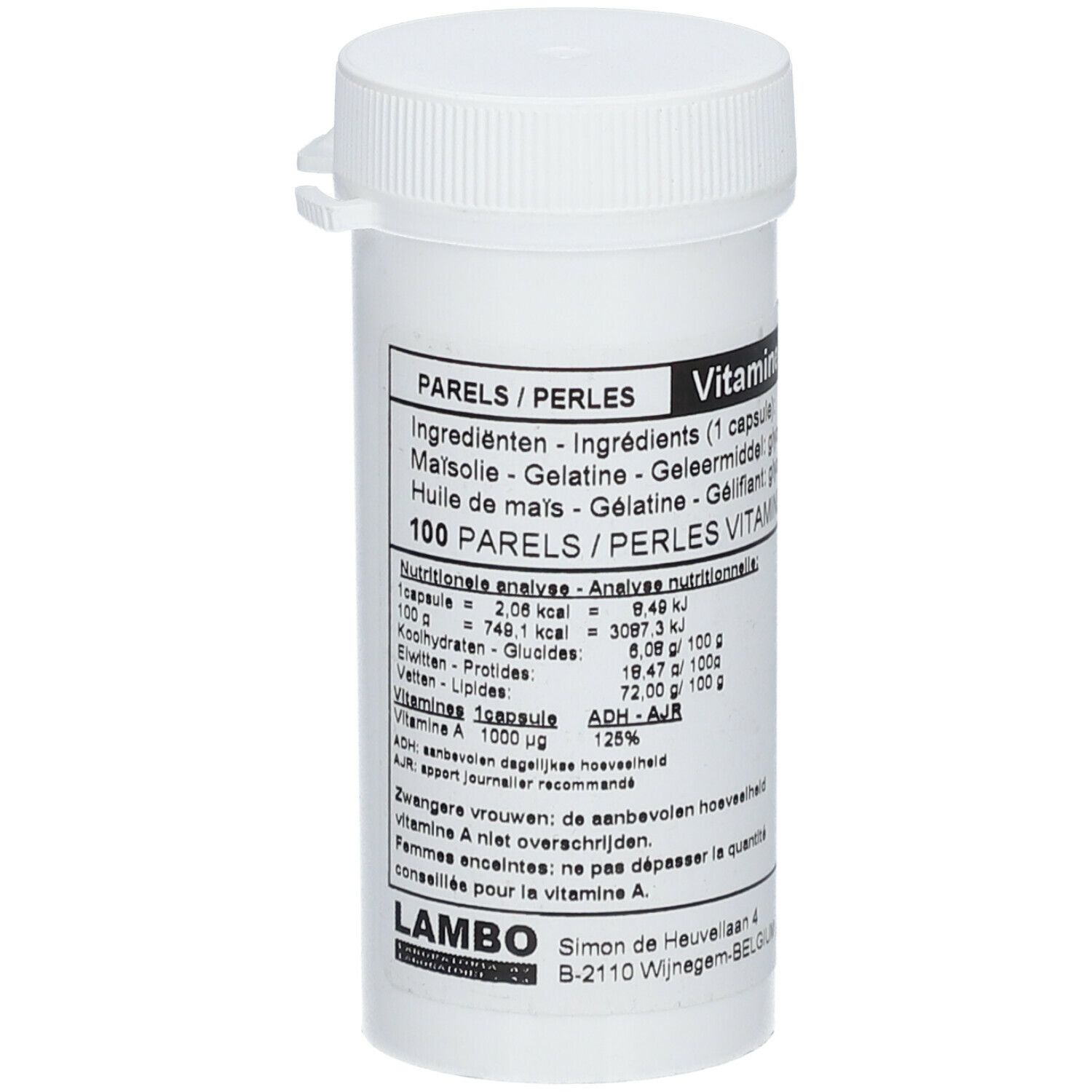 Flacon blanc avec bouchon à vis. Inscriptions : Vitamine A, 100 Parels/Perles, Lambo.