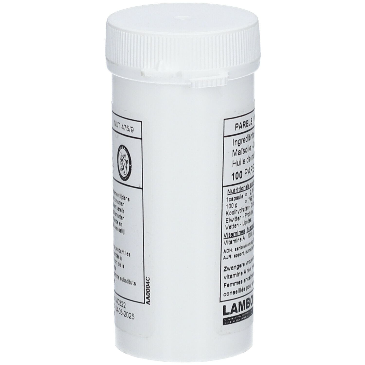 Flacon blanc avec bouchon à vis. Inscriptions : Parels/Perles, Vitamine A, Lambo.