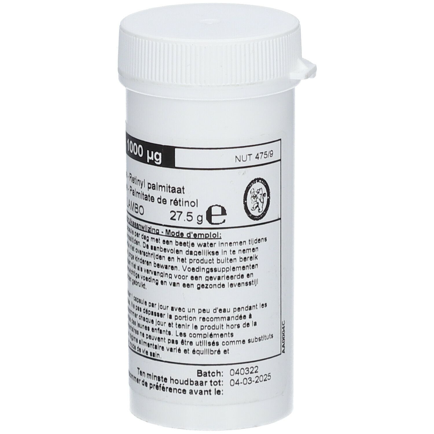Flacon blanc avec bouchon à vis. Inscriptions : Vitamine A 1000 µg, Lambo, 27.5 g.