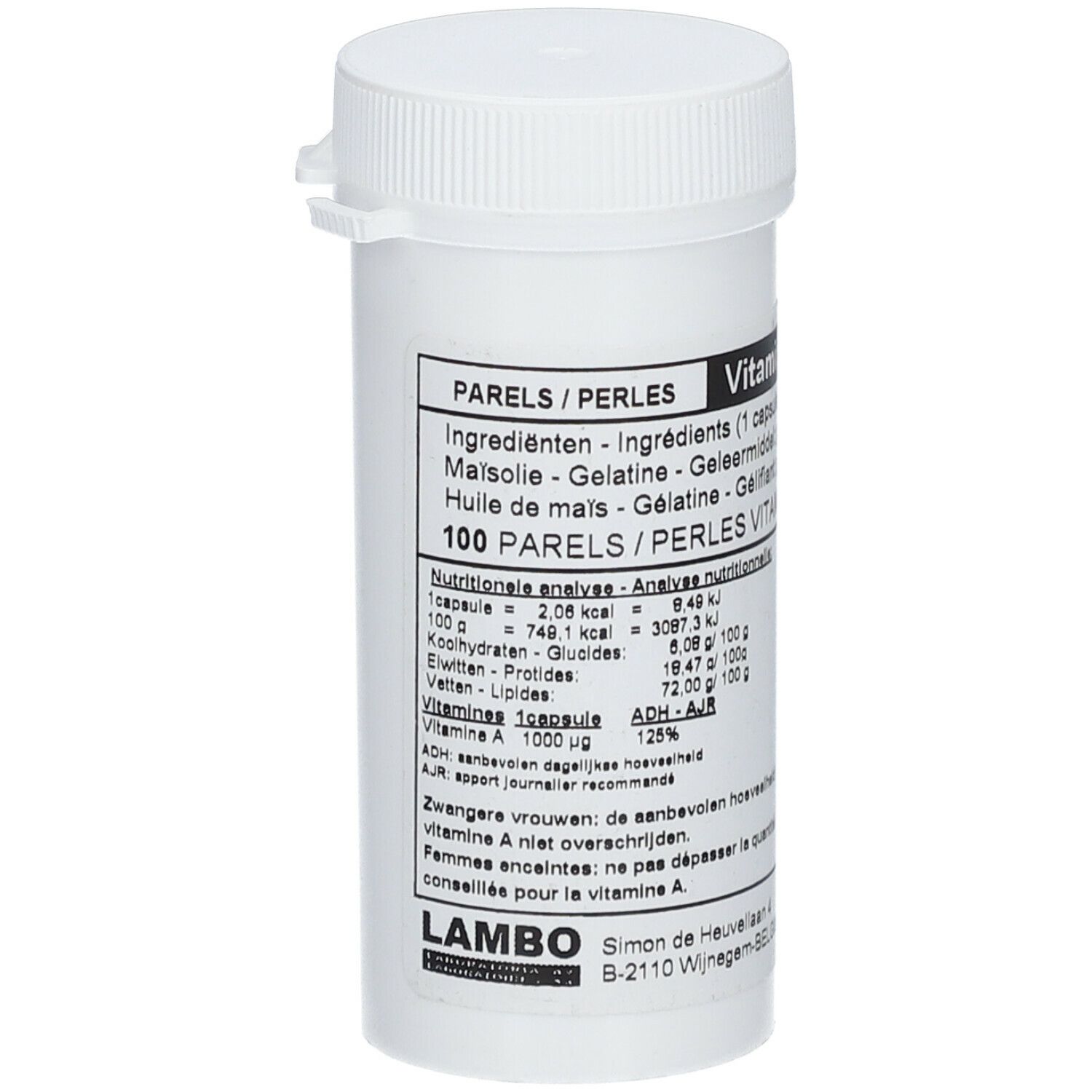 Flacon blanc avec bouchon à vis. Inscriptions : Vitamine A, 100 Parels/Perles, Lambo.