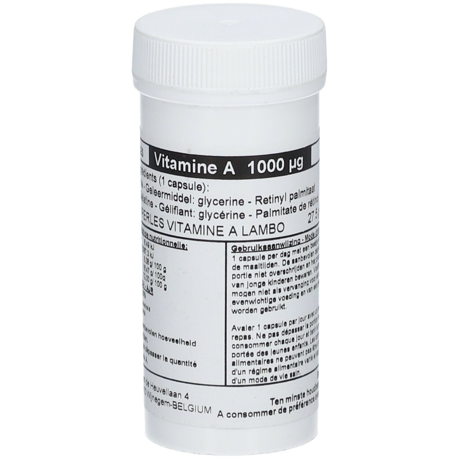 Flacon blanc avec bouchon à vis. Inscriptions : Vitamine A 1000 µg, Lambo.