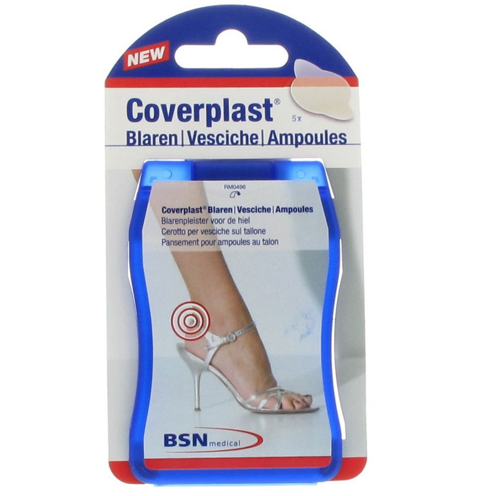 Verpakking Coverplast blarenpleisters. Toont been met hak en rode cirkel. Bevat 5 pleisters.