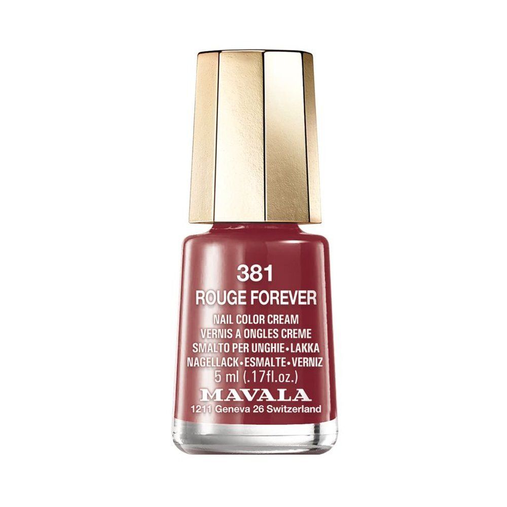 Flacon de vernis à ongles rouge-brun. Bouchon doré. Inscription : 381 Rouge Forever, Nail Color Cream, Mavala.