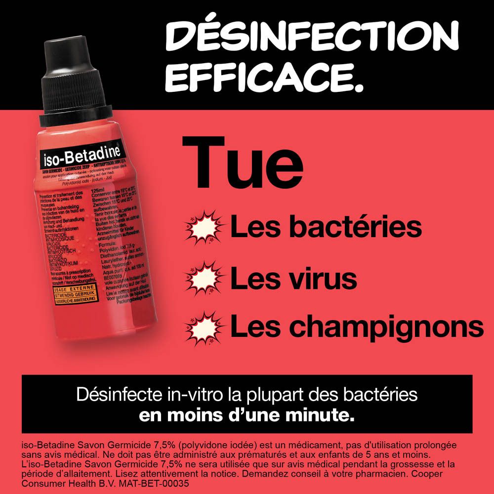 Publicité. Flacon rouge avec bouchon noir. Texte : Désinfection efficace.