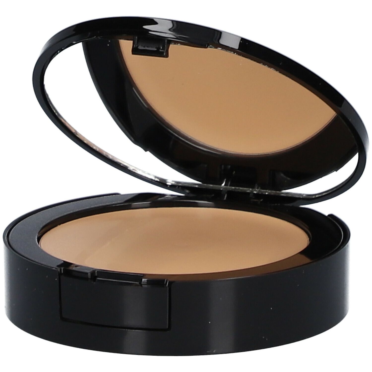 Compacte make-up, open, met spiegel. Zwarte behuizing, getinte poeder. Spiegel in deksel.