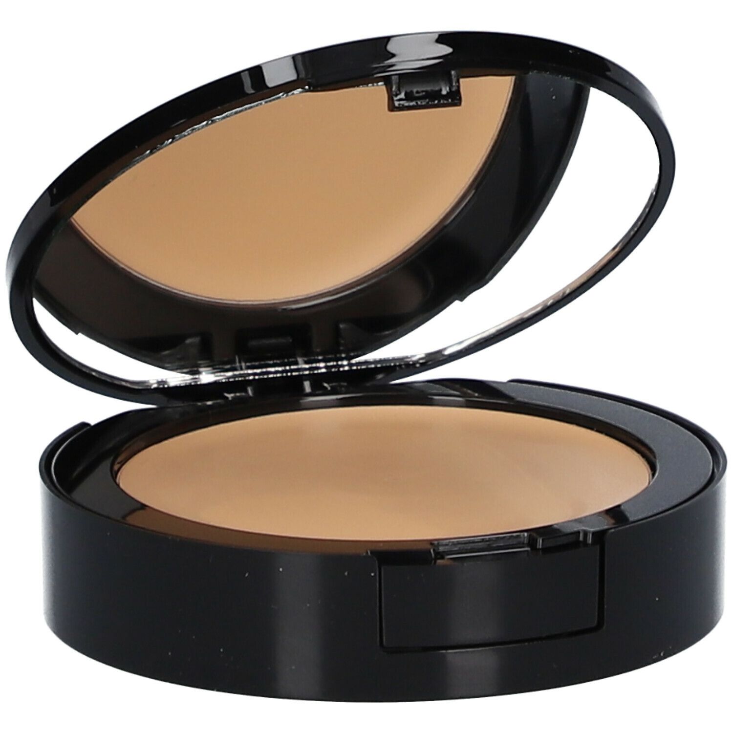 Compacte make-up, open, met spiegel. Zwarte behuizing, getinte poeder. Spiegel in deksel.