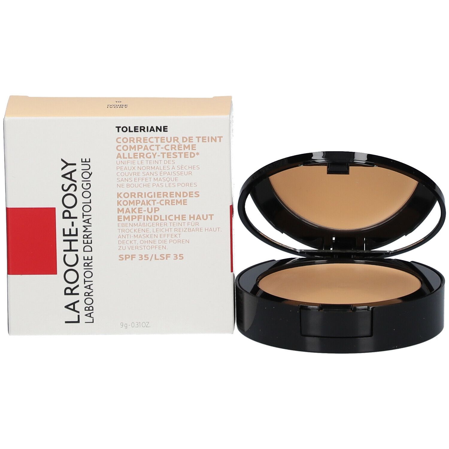Compacte make-up en verpakking. Zwarte make-up behuizing, poeder zichtbaar. Verpakking ernaast.