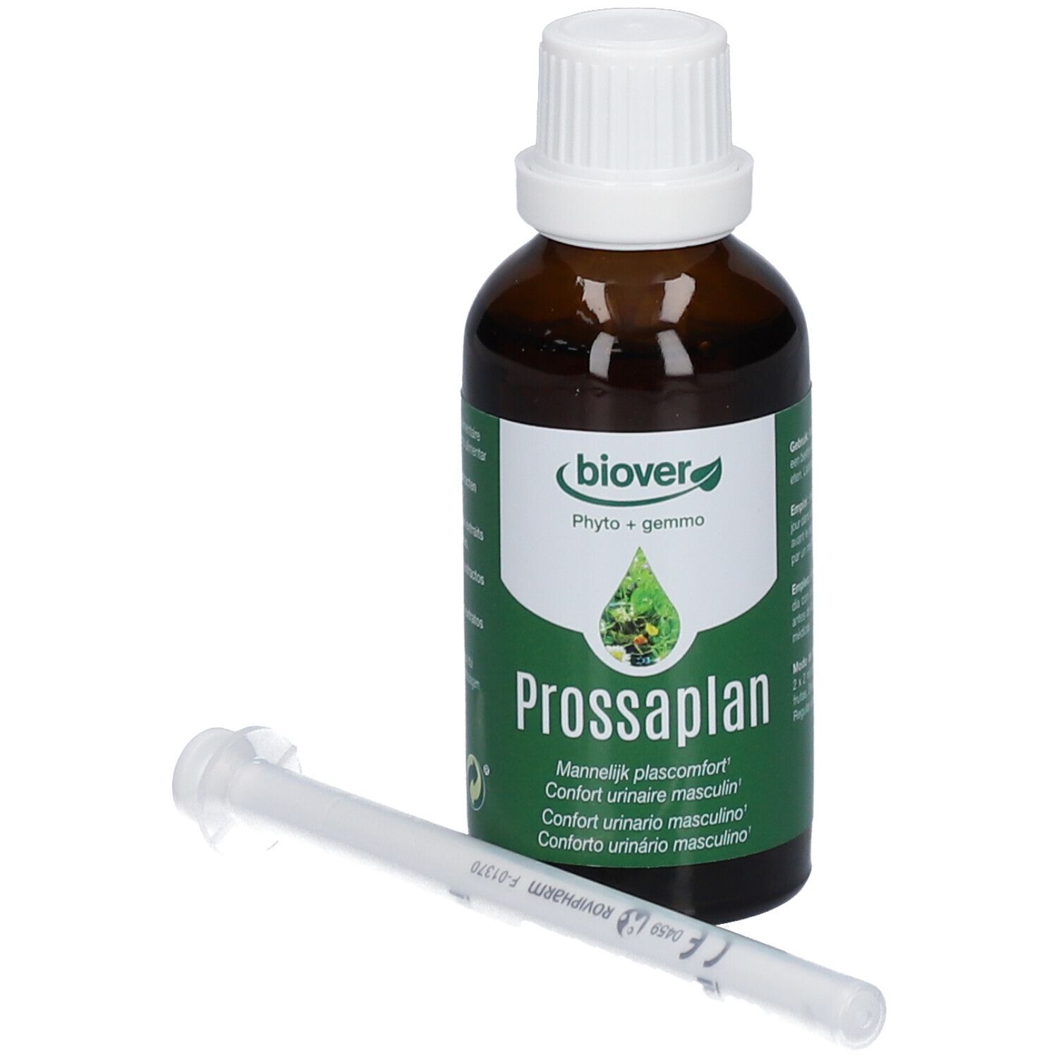 Flacon en verre brun avec bouchon blanc et étiquette verte. Contient du liquide. Comprend une seringue. Texte: Prossaplan.