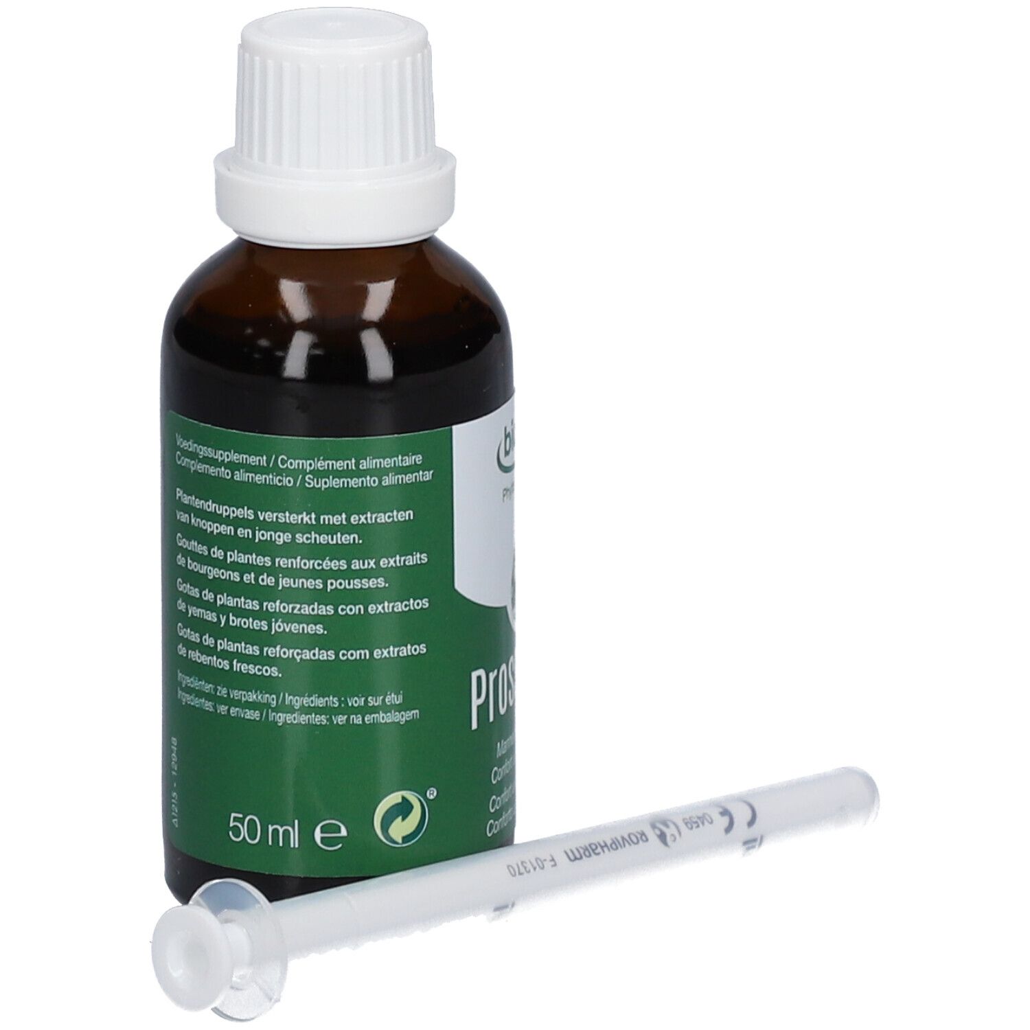 Flacon en verre brun avec bouchon blanc et étiquette verte. Contient du liquide. Comprend une seringue. Texte: Prossaplan, 50 ml.