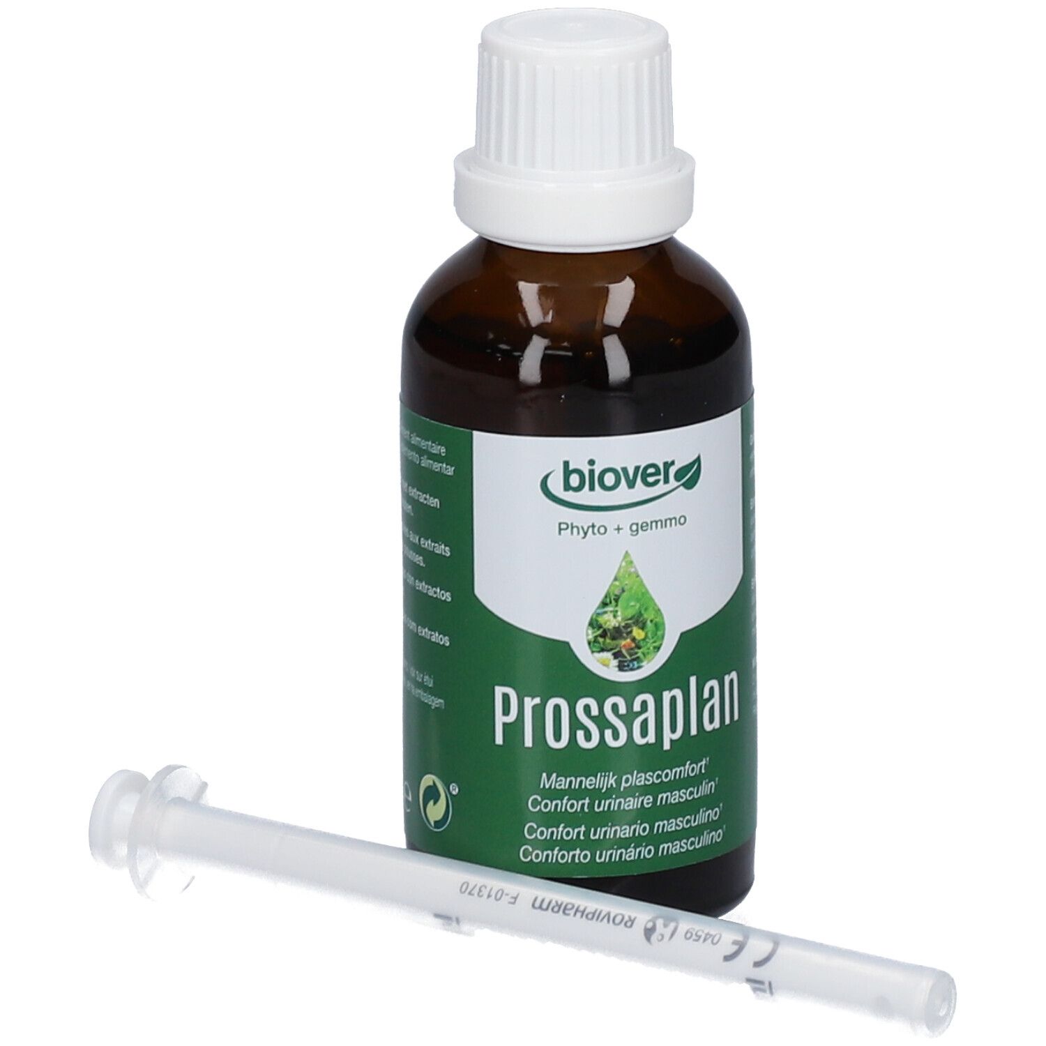 Flacon en verre brun avec bouchon blanc et étiquette verte. Contient du liquide. Comprend une seringue. Texte: Prossaplan, 50 ml.