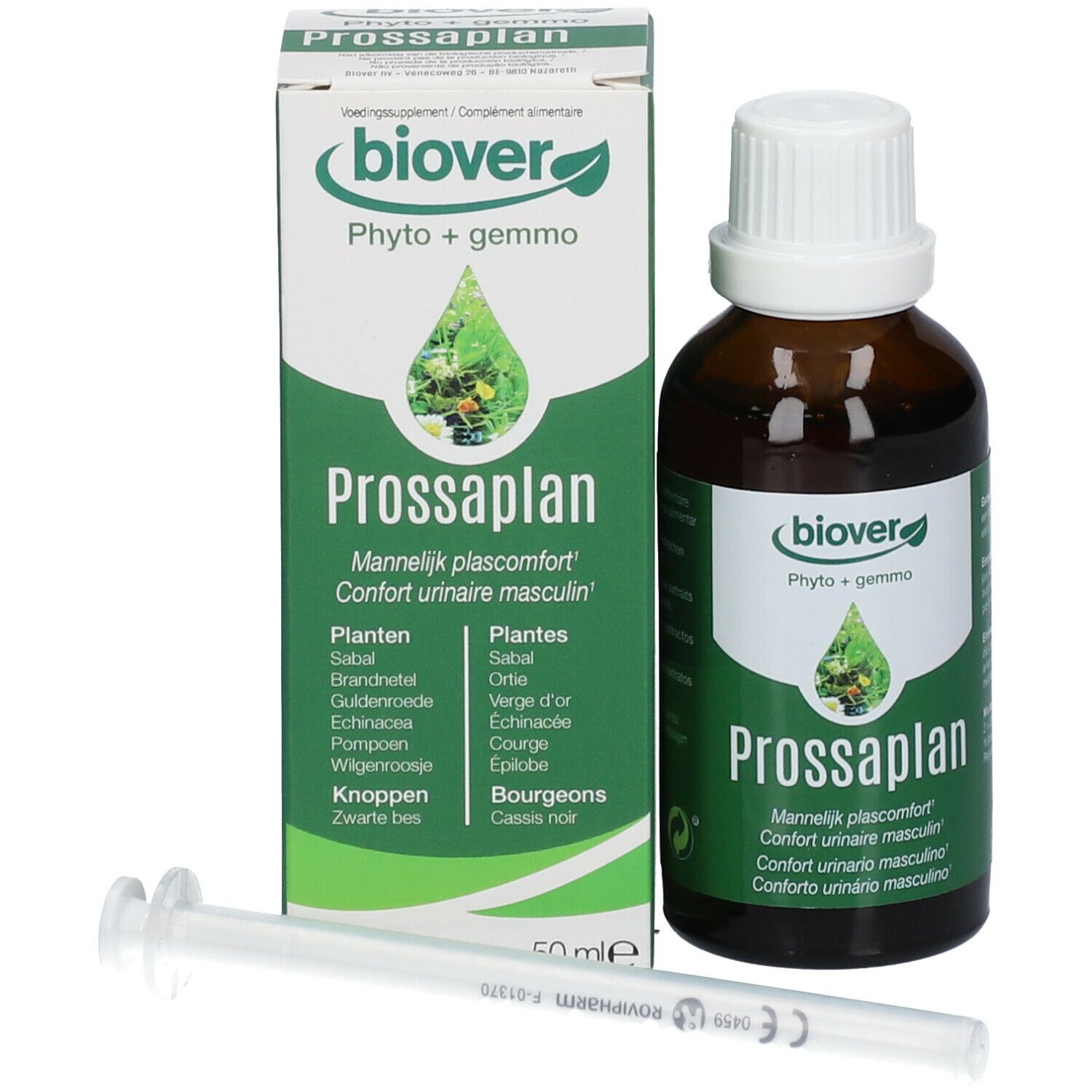 Flacon et boîte du produit. Flacon brun avec bouchon blanc, étiquette verte. Seringue incluse. Texte: Prossaplan, 50 ml. Boîte.