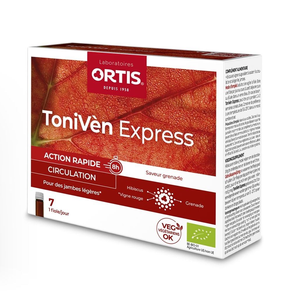 Boîte Ortis ToniVen Express de 7 flacons, saveur grenade, pour la circulation.