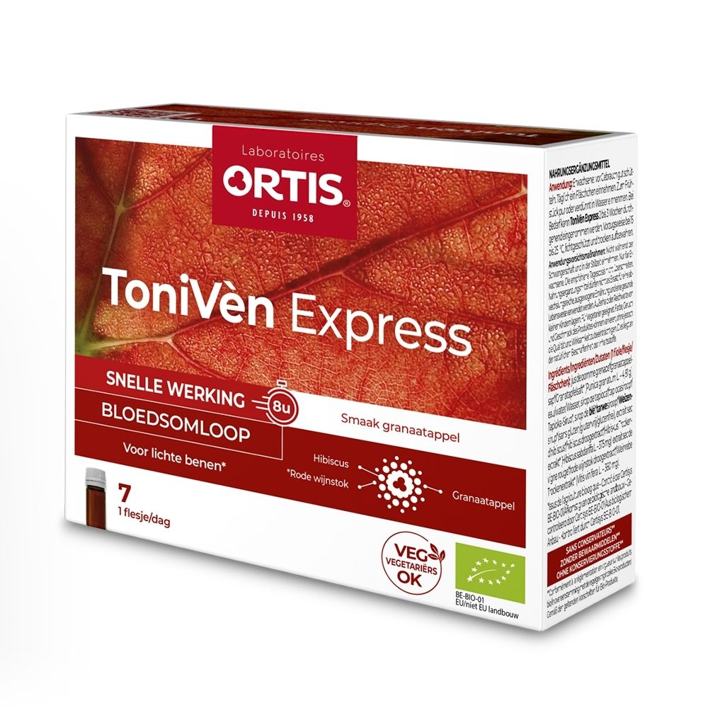 Ortis ToniVen Express verpakking met 7 flesjes, granaatappelsmaak, voor de bloedsomloop.
