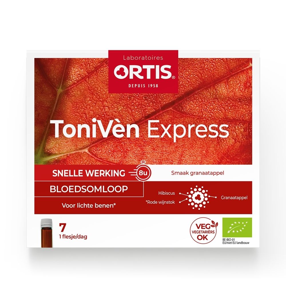 Ortis ToniVen Express verpakking met 7 flesjes, granaatappelsmaak, voor de bloedsomloop.