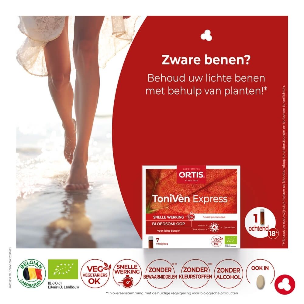 Ortis ToniVen Express verpakking met 7 flesjes, granaatappelsmaak, voor de bloedsomloop.
