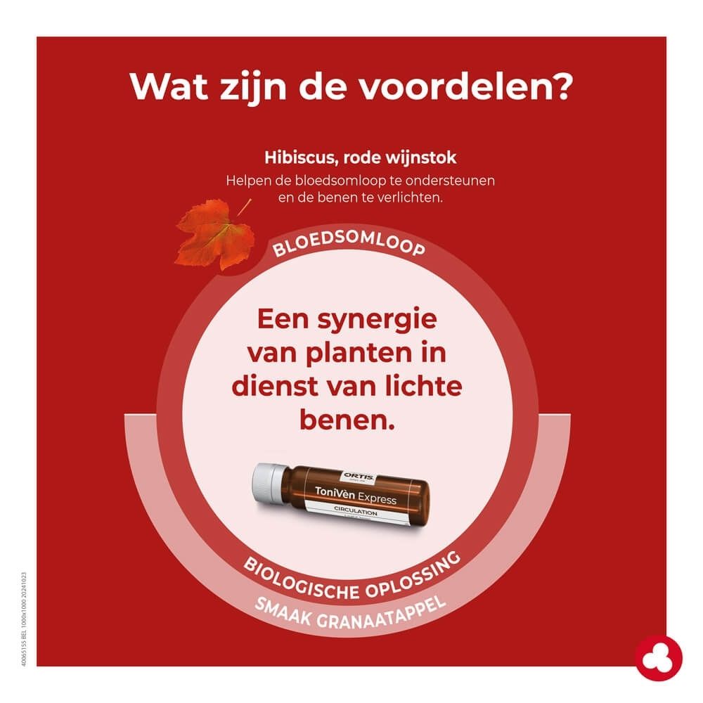 Ortis ToniVen Express verpakking met 7 flesjes, granaatappelsmaak, voor de bloedsomloop.