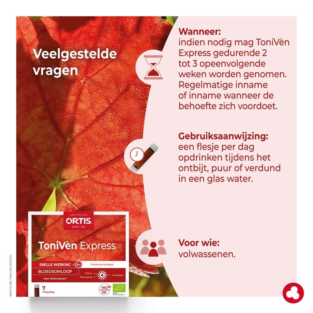 Ortis ToniVen Express verpakking met 7 flesjes, granaatappelsmaak, voor de bloedsomloop.