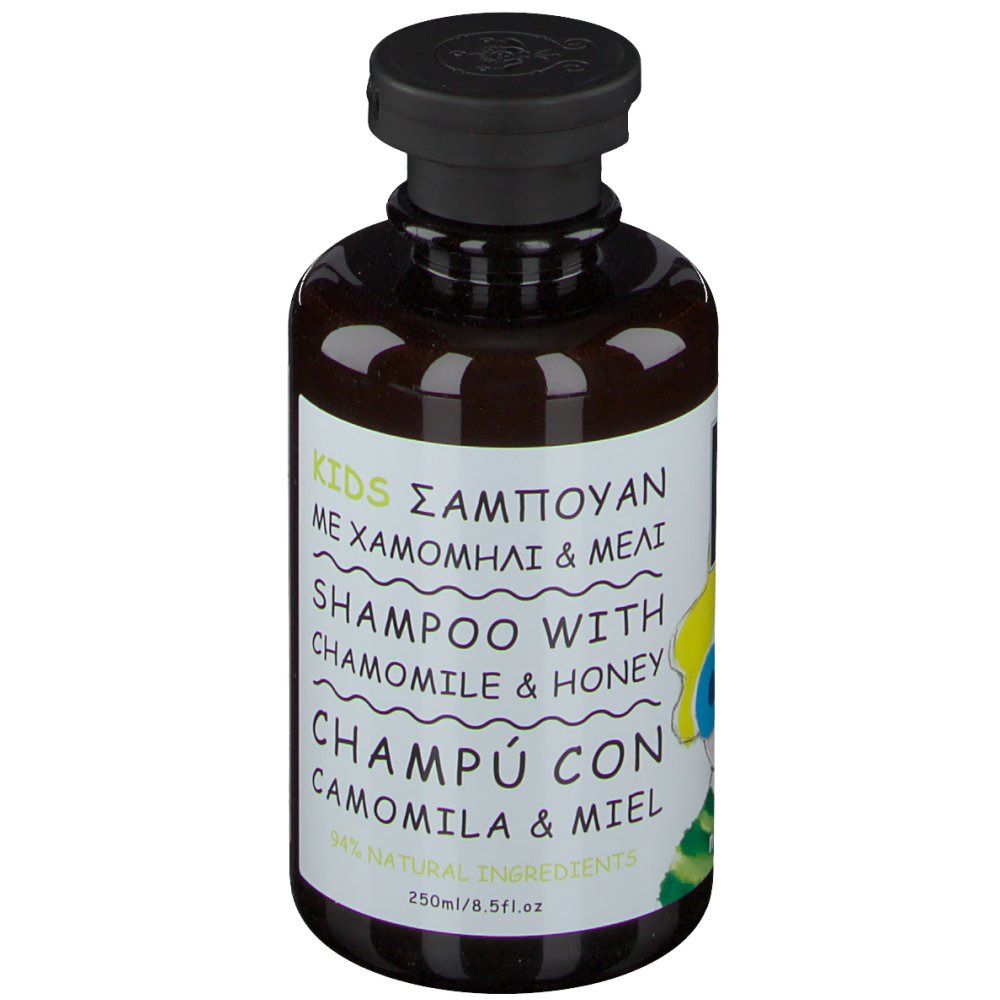 Apivita Kids Shampoing. Bouteille avec inscription: Shampooing à la camomille et au miel. 94% ingrédients naturels.