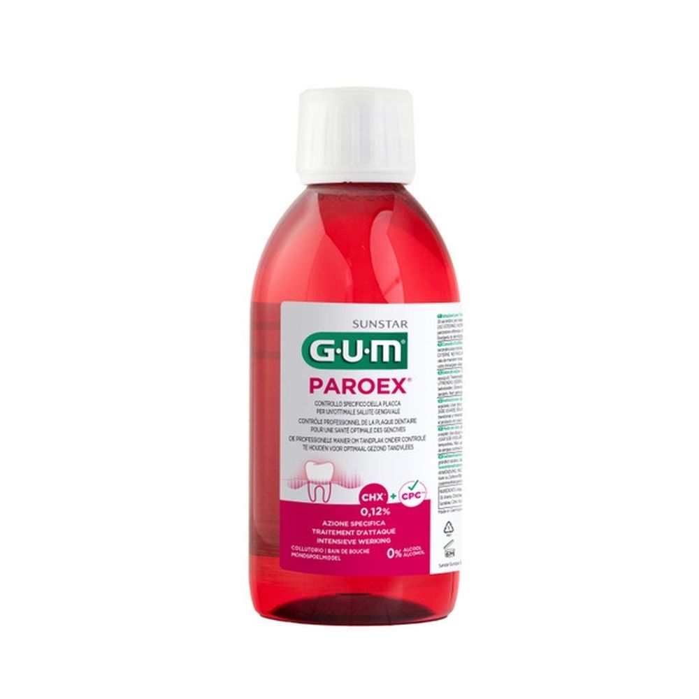 Bain de bouche GUM Paroex. Bouteille. Liquide rouge, bouchon blanc. Marque et nom du produit visibles.