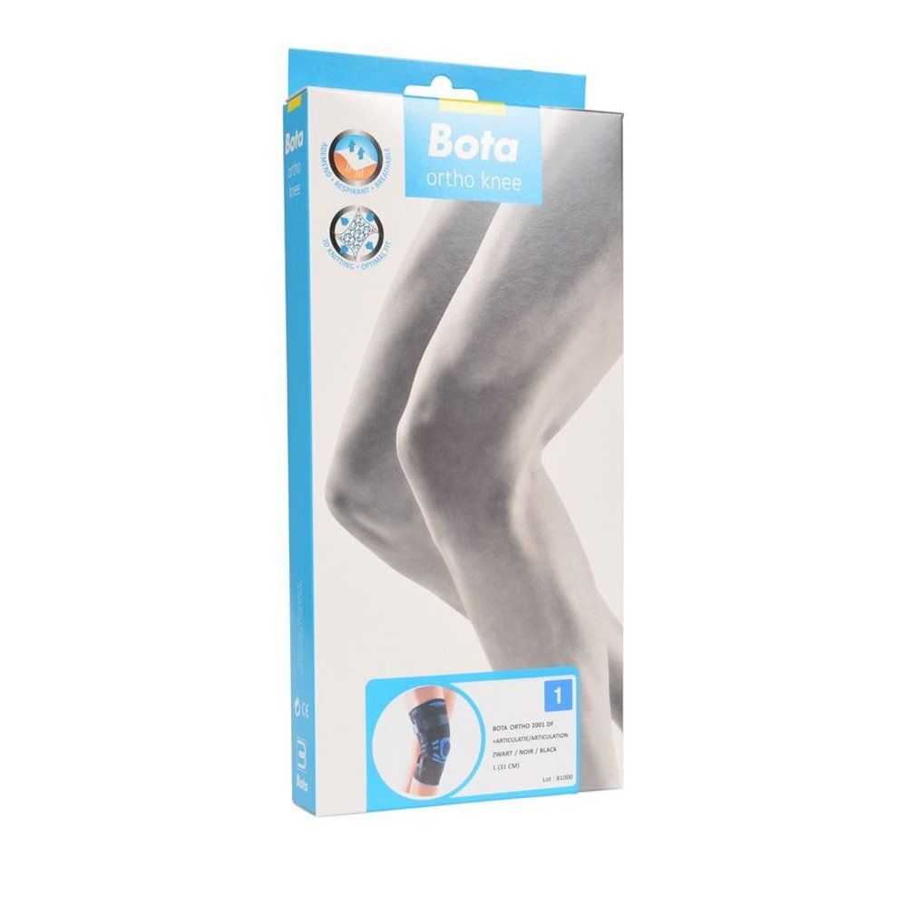 Emballage Bota Ortho genou. Blanc, bleu. Illustration des genoux. Nom du produit et logo.