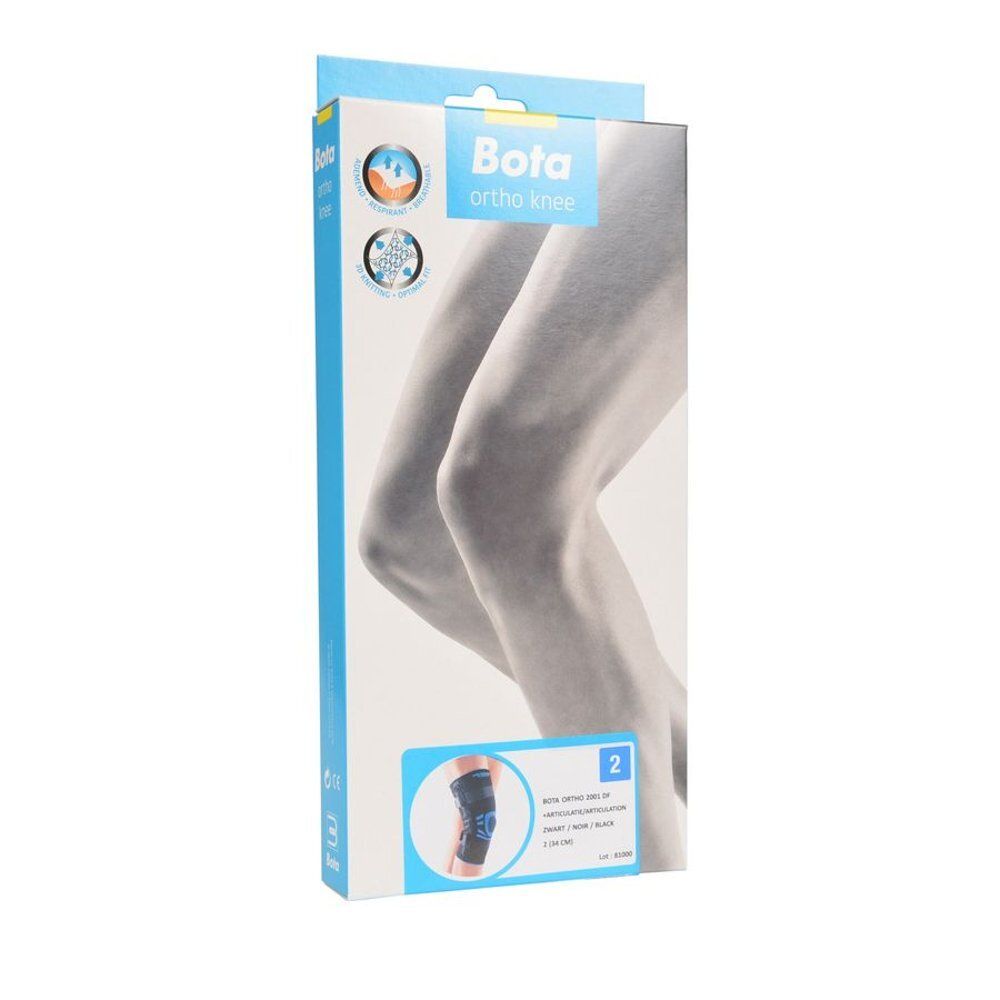 Boîte de l'orthèse de genou Bota Ortho. Carton bleu clair avec image du produit et texte.