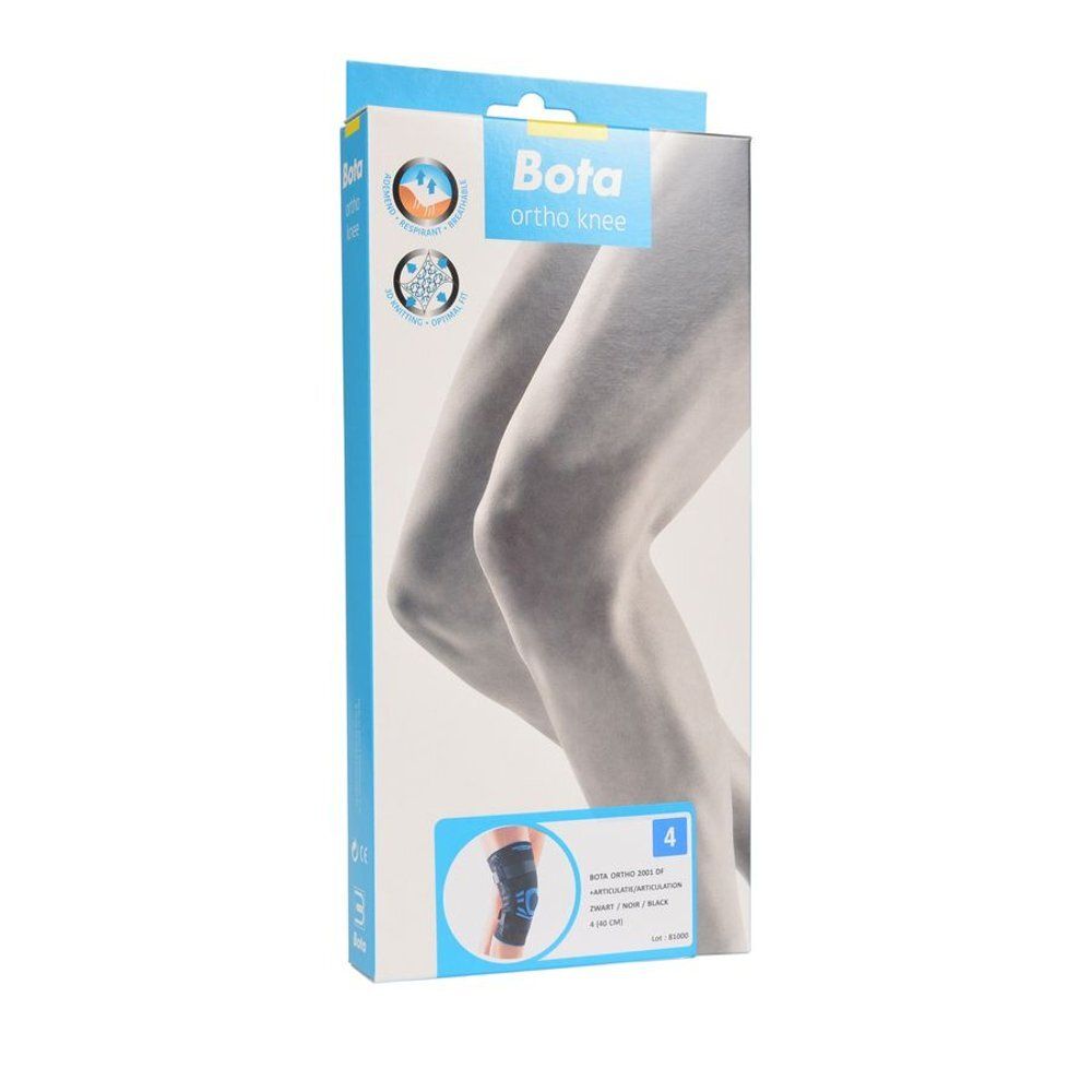 Verpakking Bota Ortho DF 2001 Articulation Noir Taille 4. Illustratie van kniebrace. Blauw-witte doos met productnaam.