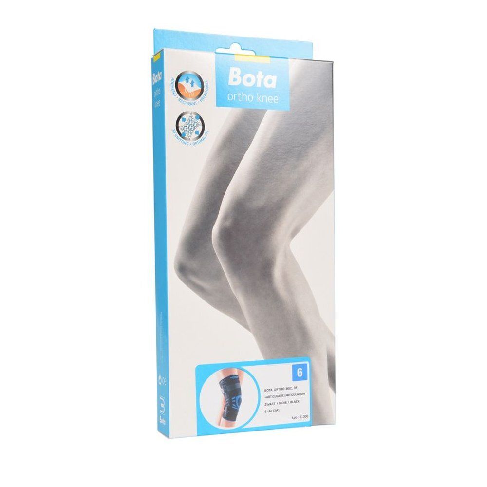 Emballage Bota Ortho DF 2001 Articulation Noir Taille 6. Genouillère représentée. Emballage bleu et blanc.
