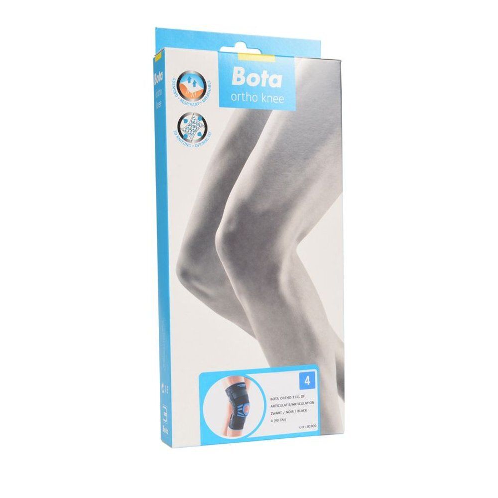 Verpakking Bota Ortho knie. Illustratie van een knie. Blauwe en grijze tinten. Productnaam en logo.