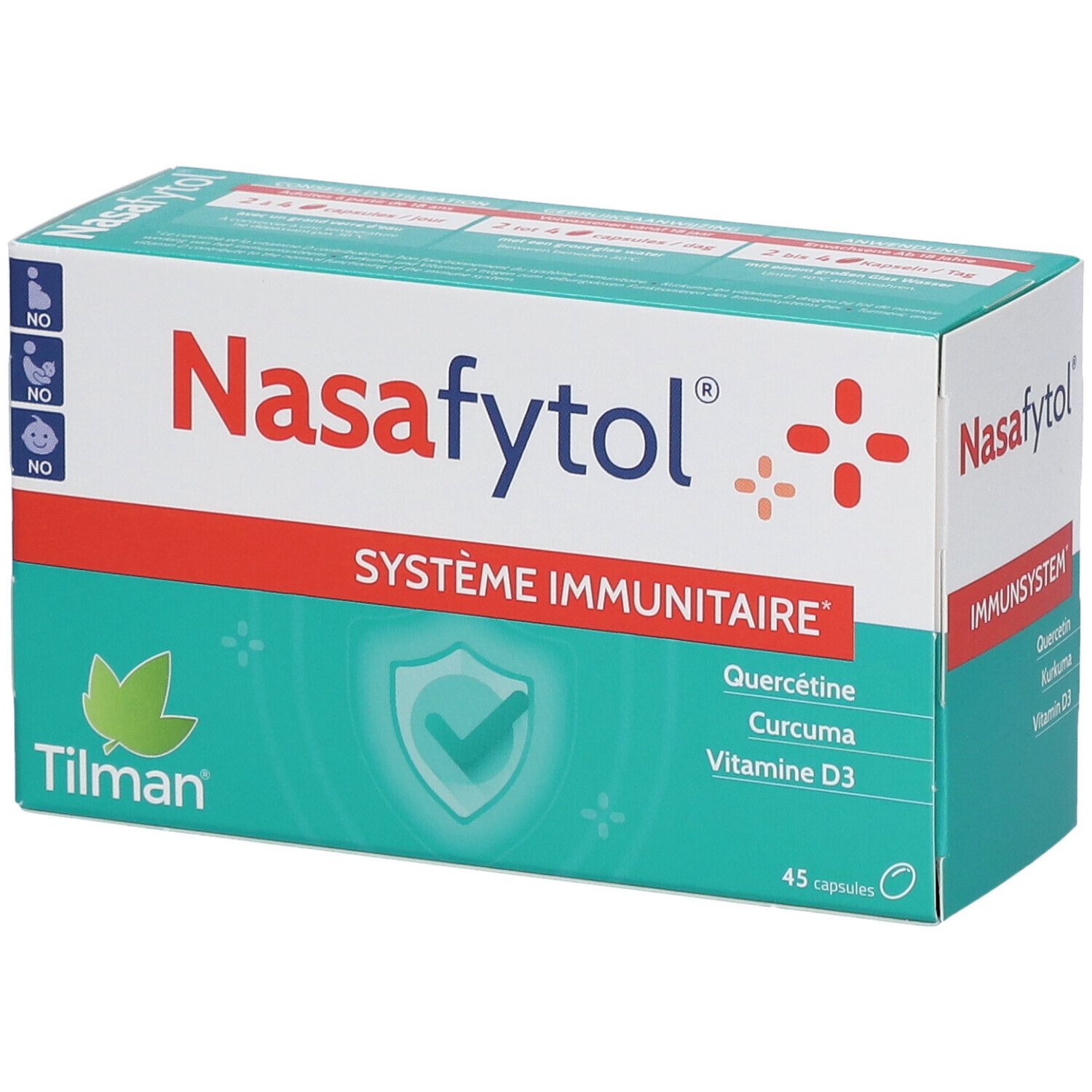 Nasafytol-verpakking. Witgroene doos met rode lijn. Bevat 45 capsules. Opschrift: Système Immunitaire, Quercétine, Curcuma, Vitamine D3.