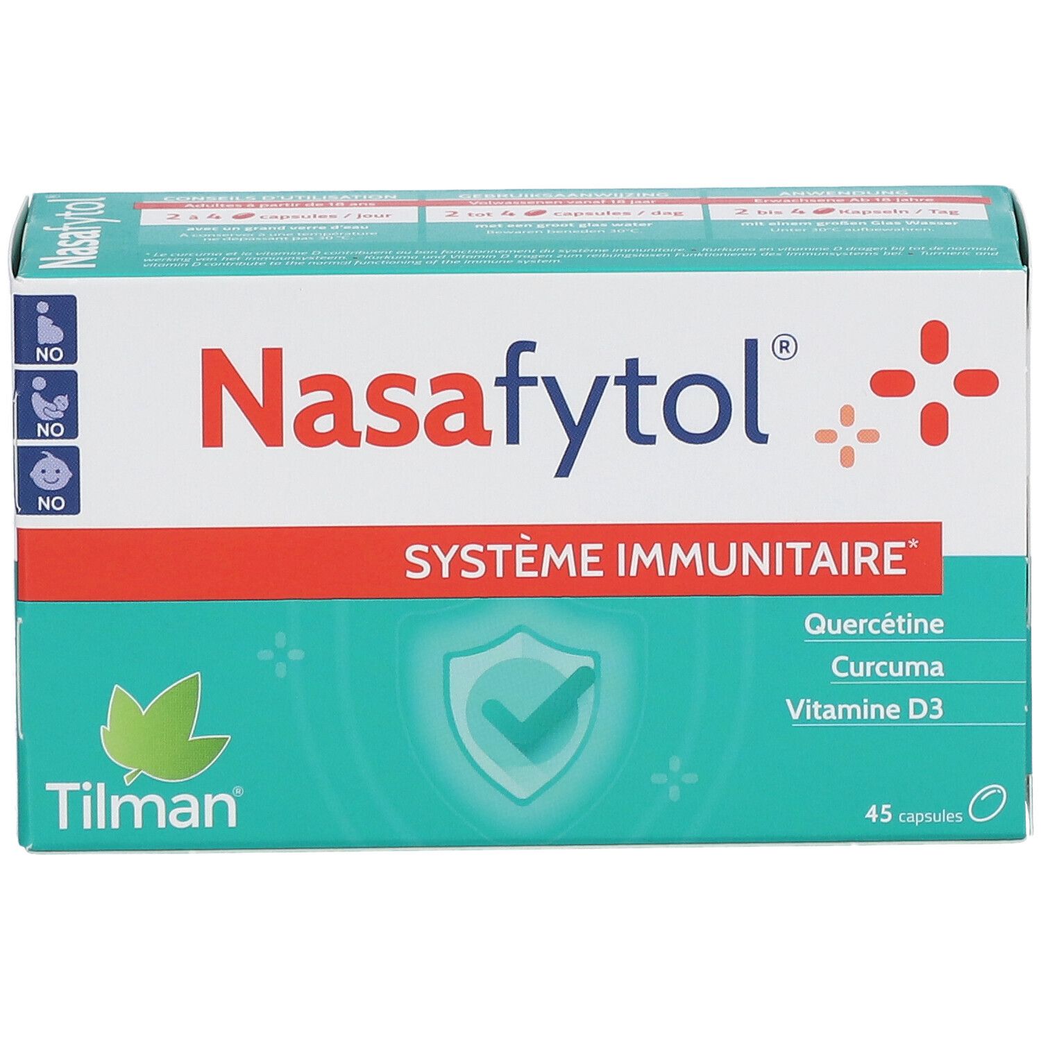 Nasafytol-verpakking. Witgroene doos met rode lijn. Bevat 45 capsules. Opschrift: Système Immunitaire, Quercétine, Curcuma, Vitamine D3.