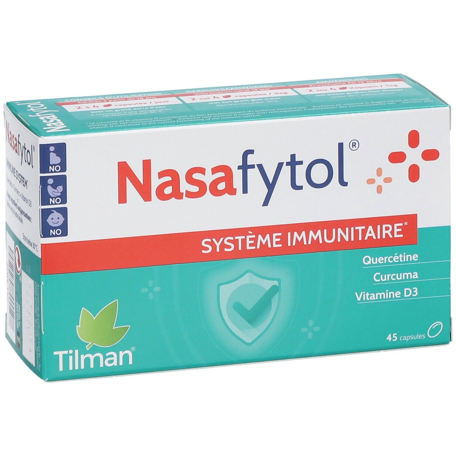Nasafytol-verpakking. Witgroene doos met rode lijn. Bevat 45 capsules. Opschrift: Système Immunitaire, Quercétine, Curcuma, Vitamine D3.