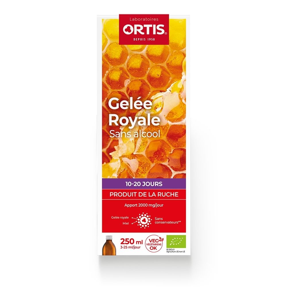Ortis Gelée Royale bouteille avec design nid d'abeille. 250ml.