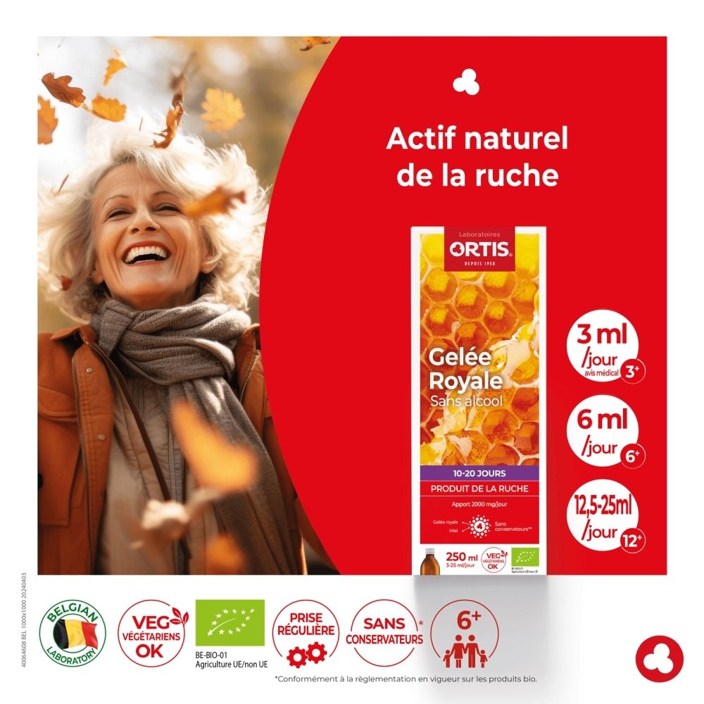 Ortis Gelée Royale bouteille avec design nid d'abeille. 250ml.