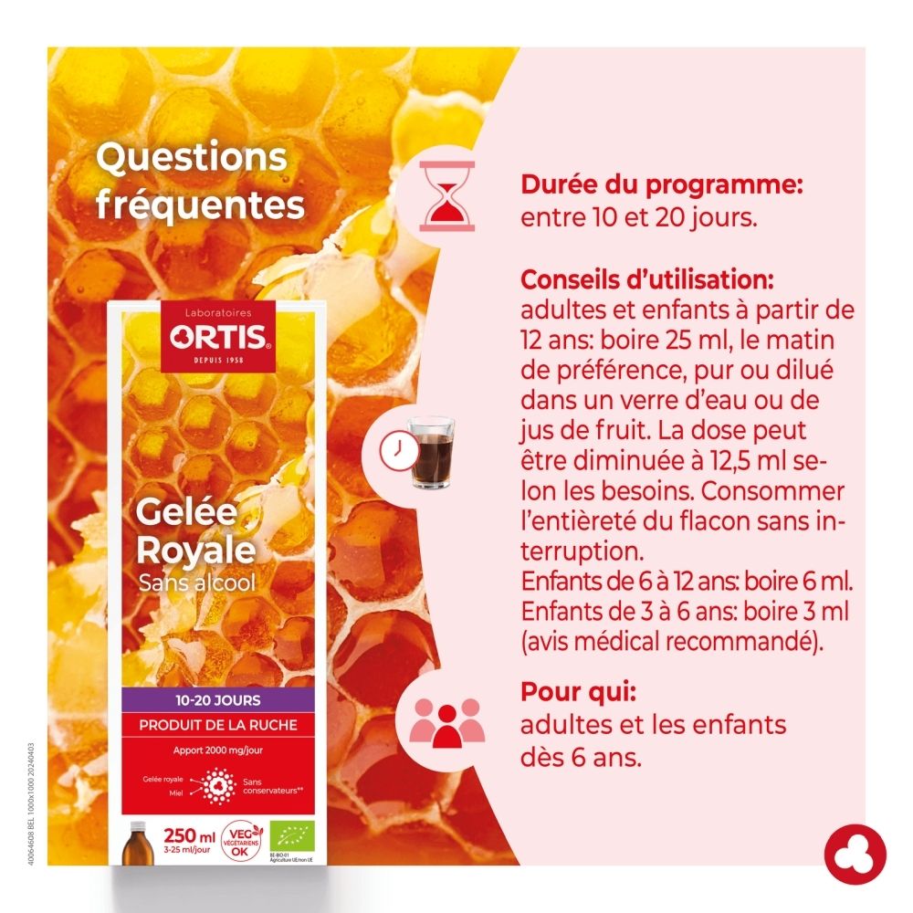 Ortis Gelée Royale bouteille avec design nid d'abeille. 250ml.