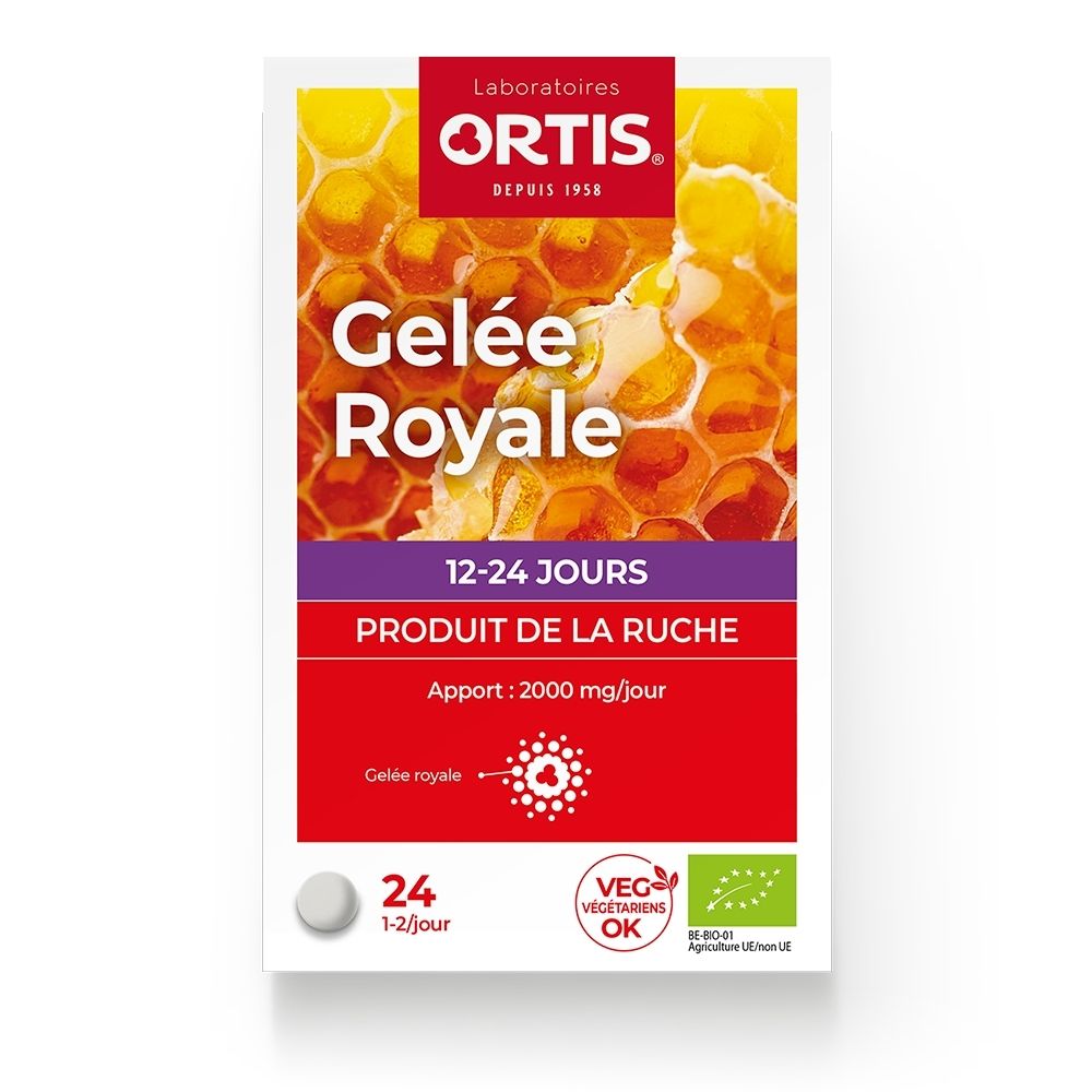 Boîte Ortis Gelée Royale 24 comprimés, motif alvéoles.