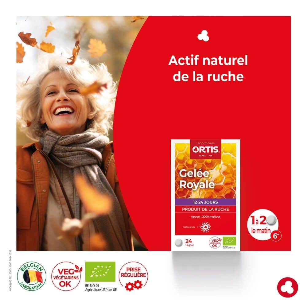 Ortis Gelée Royale: Femme souriante dans les feuilles d'automne, boîte produit à côté.