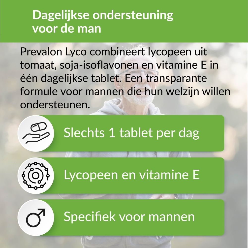 Prevalon Lyco: dagelijkse ondersteuning voor mannen met 1 tablet, lycopeen en vitamine E.