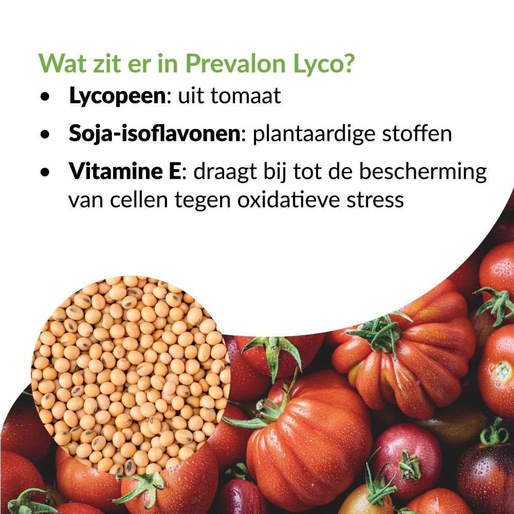 Prevalon Lyco bevat lycopeen uit tomaat, soja-isoflavonen en vitamine E.