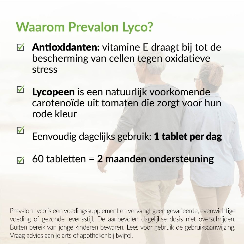 Prevalon Lyco: 60 tabletten voor 2 maanden ondersteuning, antioxidanten, lycopeen uit tomaten.