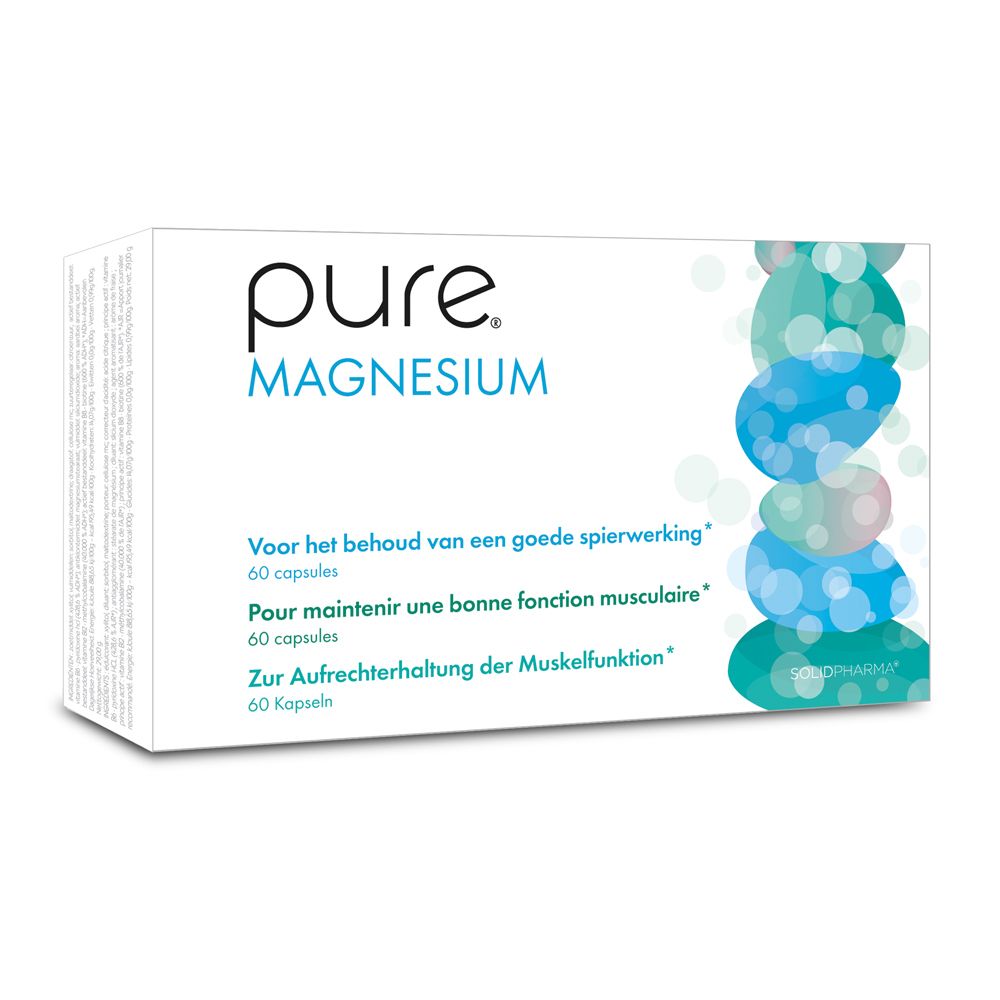 Doos "pure Magnesium". Blauwe en groene decoratie. Tekst: 60 capsules 450 mg.