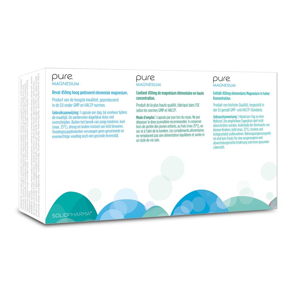 Doos "pure Magnesium" in schuine hoek. Tekst: ingrediënten, voedingsinformatie.