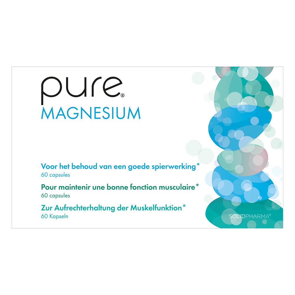 Boîte "pure Magnesium". Décor bleu et vert. Texte: 60 capsules 450 mg.