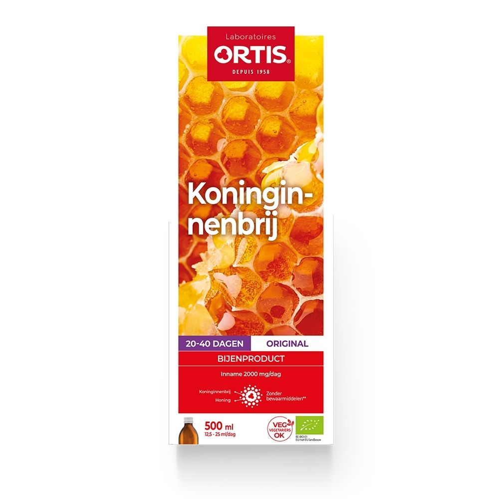 Ortis Koninginnenbrij verpakking met honingraatpatroon en afbeelding van koninginnenbrij.