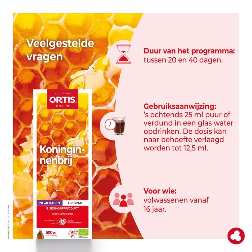 Ortis Koninginnenbrij verpakking met honingraatpatroon en afbeelding van koninginnenbrij.